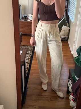 Vintage Silk Pleated Effortless High-Rise Cream Pants Trousers size 2-4